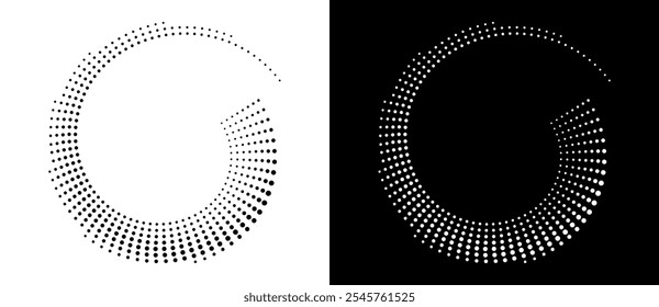 Fondo abstracto moderno. Puntos semitonos en forma de círculo. Logo espiral. Marco punteado de Vector. Elemento de diseño o icono. Puntos negros sobre un fondo blanco y puntos blancos en el lado negro.