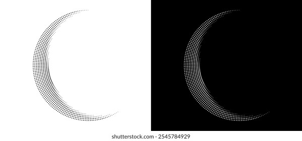 Fondo abstracto moderno. Puntos semitonos en forma de círculo. Letra C o luna como logotipo, icono o elemento de diseño. Puntos negros sobre un fondo blanco y puntos blancos en el lado negro.