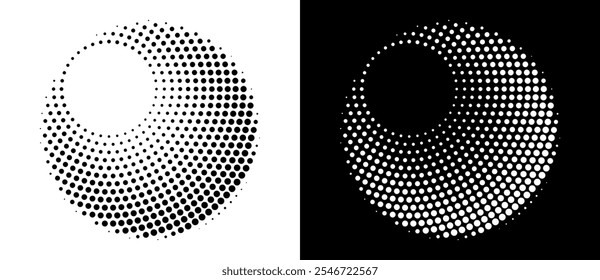 Fondo abstracto moderno. Puntos semitonos en forma de círculo. Logotipo redondo. Marco punteado de Vector. Elemento de diseño o icono. Forma negra sobre un fondo blanco y la misma forma blanca en el lado negro.