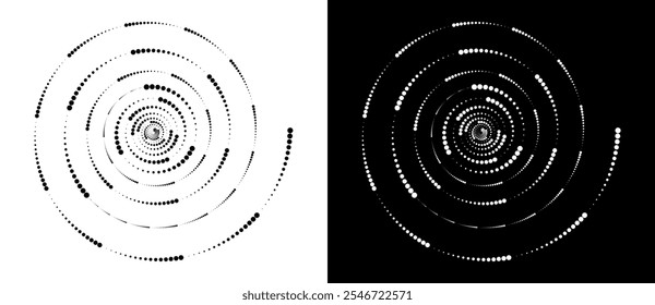 Fondo abstracto moderno. Puntos semitonos en forma de círculo. Logo espiral. Marco punteado de Vector. Elemento de diseño o icono. Puntos negros sobre un fondo blanco y puntos blancos en el lado negro.