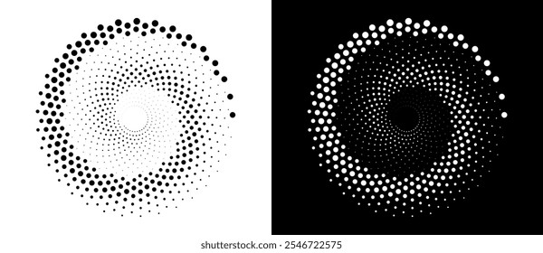 Fondo abstracto moderno. Puntos semitonos en forma de círculo. Logo espiral. Marco punteado de Vector. Elemento de diseño o icono. Puntos negros sobre un fondo blanco y puntos blancos en el lado negro.