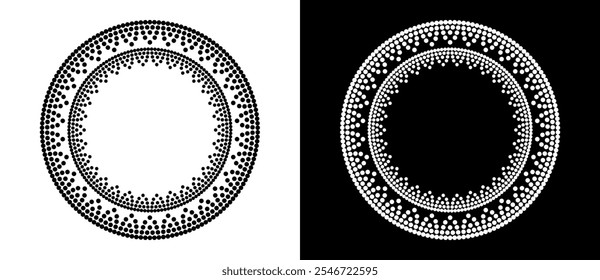 Modern abstract background. Halftone dots in circle form. Round logo. Vector dotted frame. Design element or icon. Black shape on a white background and the same white shape on the black side.
