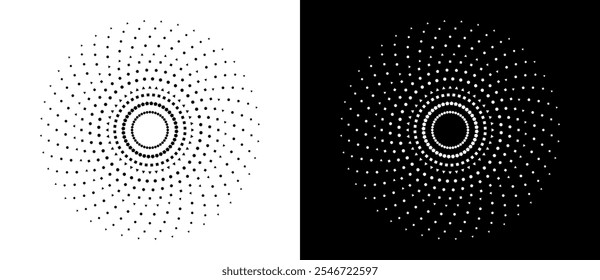 Fondo abstracto moderno. Puntos semitonos en forma de círculo. Logo espiral. Marco punteado de Vector. Elemento de diseño o icono. Puntos negros sobre un fondo blanco y puntos blancos en el lado negro.