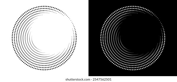 Fondo abstracto moderno. Puntos semitonos en forma de círculo. Logotipo redondo. Marco punteado de Vector. Elemento de diseño o icono. Forma negra sobre un fondo blanco y la misma forma blanca en el lado negro.