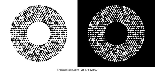 Fondo abstracto moderno. Puntos semitonos en forma de círculo. Logotipo redondo. Marco punteado de Vector. Elemento de diseño o icono. Forma negra sobre un fondo blanco y la misma forma blanca en el lado negro.