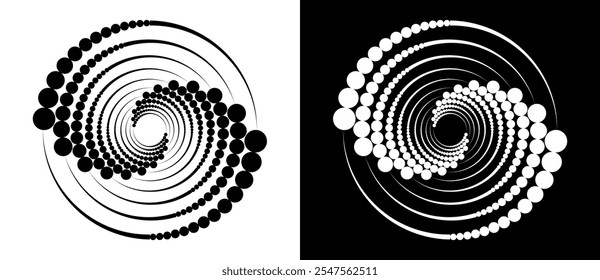 Fondo abstracto moderno. Puntos semitonos en forma de círculo. Logo espiral. Marco punteado de Vector. Elemento de diseño o icono. Puntos negros sobre un fondo blanco y puntos blancos en el lado negro.