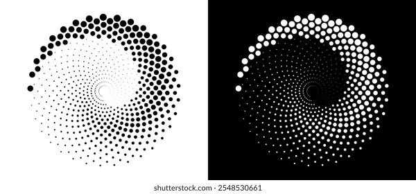 Fondo abstracto moderno. Puntos semitonos en forma de círculo. Logo espiral. Marco punteado de Vector. Elemento de diseño o icono. Puntos negros sobre un fondo blanco y puntos blancos en el lado negro.