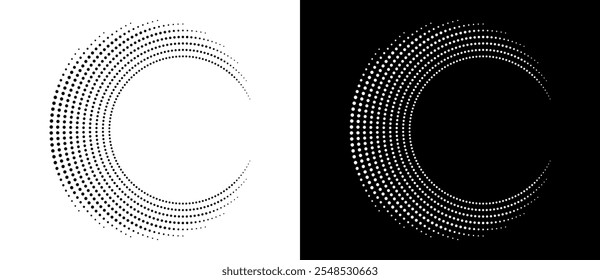 Fondo abstracto moderno. Puntos semitonos en forma de círculo. Logotipo redondo. Marco punteado de Vector. Elemento de diseño o icono. Forma negra sobre un fondo blanco y la misma forma blanca en el lado negro.