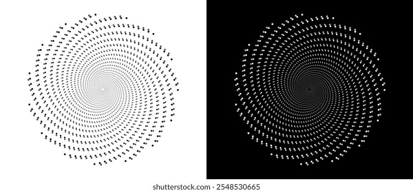 Fondo abstracto moderno. Puntos semitonos en forma de círculo. Logo espiral. Marco punteado de Vector. Elemento de diseño o icono. Puntos negros sobre un fondo blanco y puntos blancos en el lado negro.