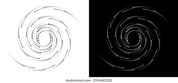 Modern abstract background. Halftone dots in spiral. Round logo. Vector dotted frame. Design element or icon. Black shape on a white background and the same white shape on the black side.