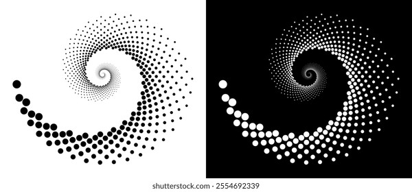 Modern abstract background. Halftone dots in spiral. Round logo. Vector dotted frame. Design element or icon. Black shape on a white background and the same white shape on the black side.