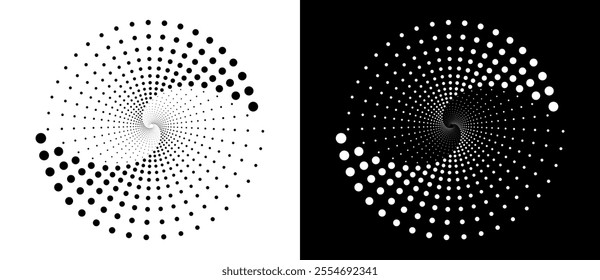 Modern abstract background. Halftone dots in spiral. Round logo. Vector dotted frame. Design element or icon. Black shape on a white background and the same white shape on the black side.