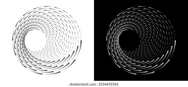 Modern abstract background. Halftone dots in spiral. Round logo. Vector dotted frame. Design element or icon. Black shape on a white background and the same white shape on the black side.