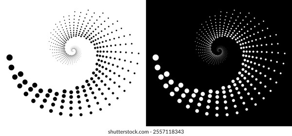 Modern abstract background. Halftone dots in spiral. Round logo. Vector dotted frame. Design element or icon. Black shape on a white background and the same white shape on the black side.