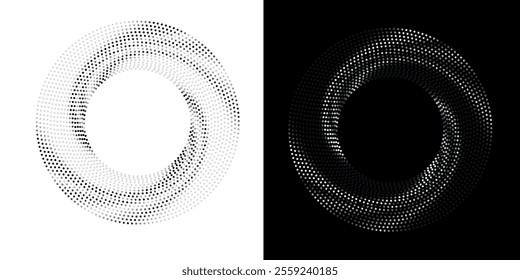Modern abstract background. Halftone dots in circle form. Spiral logo, icon or design element. Black dots on a white background and white dots on the black