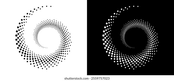 Modern abstract background. Halftone dots in spiral. Round logo. Vector dotted frame. Design element or icon. Black shape on a white background and the same white shape on the black side.