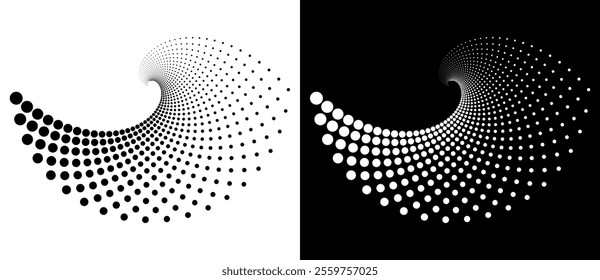 Modern abstract background. Halftone dots in spiral. Round logo. Vector dotted frame. Design element or icon. Black shape on a white background and the same white shape on the black side.