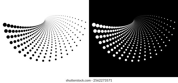 Modern abstract background. Halftone dots in spiral. Round logo. Vector dotted frame. Design element or icon. Black shape on a white background and the same white shape on the black side.