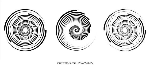 Modern abstract background. Halftone dots in circle form. Spiral logo, icon or design element. Black dots on a white background and white dots on the black side.