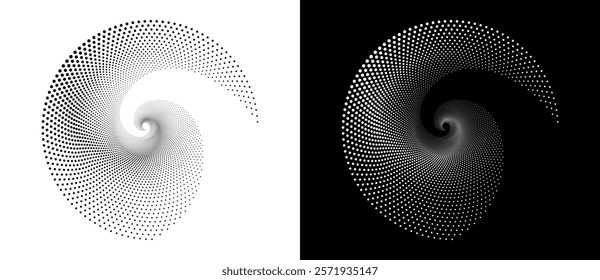 Modern abstract background. Halftone dots in spiral. Round logo. Vector dotted frame. Design element or icon. Black shape on a white background and the same white shape on the black side.