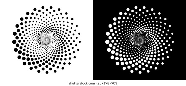 Modern abstract background. Halftone dots in circle form. Spiral logo, icon or design element. Black dots on a white background and white dots on the black side.