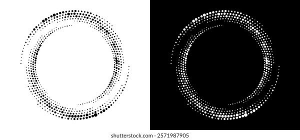 Modern abstract background. Halftone dots in circle form. Spiral logo, icon or design element. Black dots on a white background and white dots on the black side.