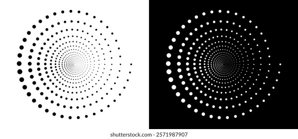 Modern abstract background. Halftone dots in circle form. Spiral logo, icon or design element. Black dots on a white background and white dots on the black side.