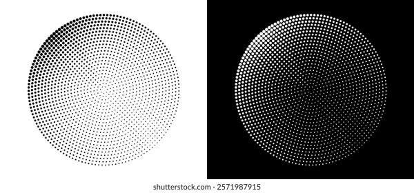 Modern abstract background. Halftone dots in circle form. Spiral logo, icon or design element. Black dots on a white background and white dots on the black side.