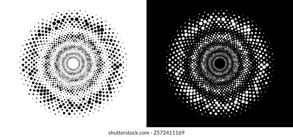 Modern abstract background. Halftone dots in circle form. Round logo. Vector dotted frame. Design element or icon. Black shape on a white background and the same white shape on the black side.