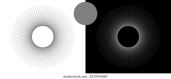 Modern abstract background. Halftone dots in circle form. Sun concept. Vector dotted frame. Design element or icon. Black shape on a white background and the same white shape on the black side.