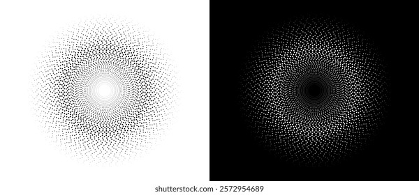 Modern abstract background. Halftone dots in circle form. Sun concept. Vector dotted frame. Design element or icon. Black shape on a white background and the same white shape on the black side.