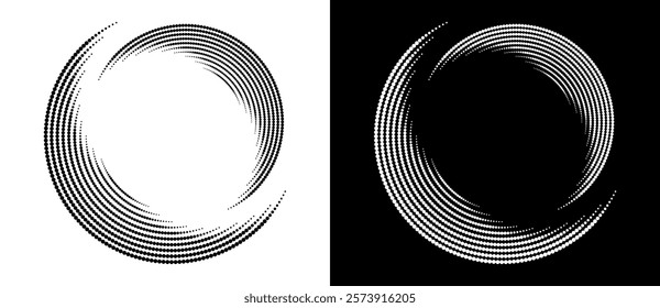 Modern abstract background. Halftone dots in circle form. Round logo, icon, design element. Moon concept. Black shape on a white background and the same white shape on the black side.