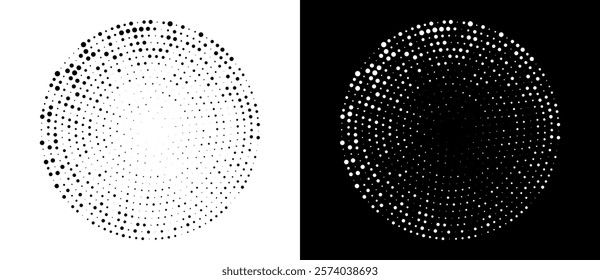 Modern abstract background. Halftone dots in circle form. Round logo. Vector dotted frame. Design element or icon. Black shape on a white background and the same white shape on the black side.