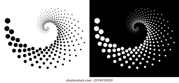 Modern abstract background. Halftone dots in spiral. Round logo. Vector dotted frame. Design element or icon. Black shape on a white background and the same white shape on the black side.