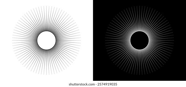 Modern abstract background. Halftone dots in circle form. Sun concept. Vector dotted frame. Design element or icon. Black shape on a white background and the same white shape on the black side.