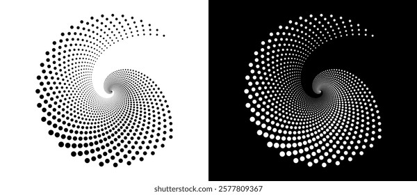 Modern abstract background. Halftone dots in spiral. Round logo. Vector dotted frame. Design element or icon. Black shape on a white background and the same white shape on the black side.