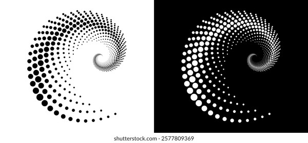 Modern abstract background. Halftone dots in spiral. Round logo. Vector dotted frame. Design element or icon. Black shape on a white background and the same white shape on the black side.