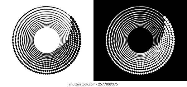 Modern abstract background. Halftone dots in circle form. Spiral logo, icon or design element. Black dots on a white background and white dots on the black side.
