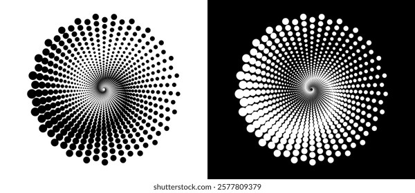 Modern abstract background. Halftone dots in circle form. Spiral logo, icon or design element. Black dots on a white background and white dots on the black side.