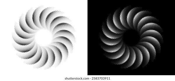 Modern abstract background. Halftone dots in circle form. Spiral logo. Vector dotted frame. Design element or icon. Black dots on a white background and white dots on the black side.