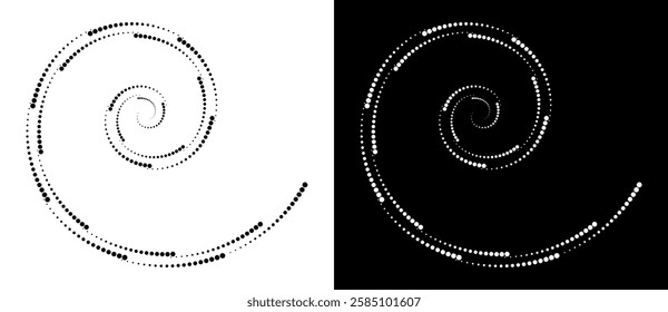Modern abstract background. Halftone dots in spiral. Round logo. Vector dotted frame. Design element or icon. Black shape on a white background and the same white shape on the black side.