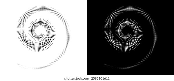 Modern abstract background. Halftone dots in spiral. Round logo. Vector dotted frame. Design element or icon. Black shape on a white background and the same white shape on the black side.