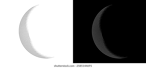 Modern abstract background. Halftone dots in circle form. Letter C like logo, icon or design element. Black dots on a white background and white dots on the black side.