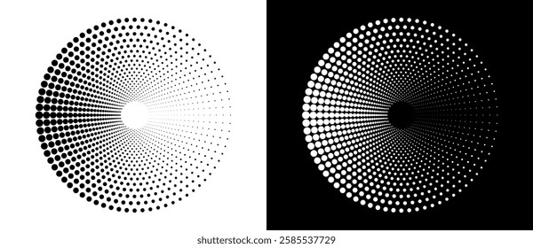Modern abstract background. Halftone dots in circle form. Round logo, design element or icon. Vector dotted frame. A black figure on a white background and an equally white figure on the black side.