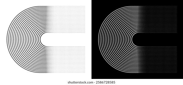 Modern abstract background. Halftone dots in circle form. Letter C like logo, icon or design element. Black dots on a white background and white dots on the black side.