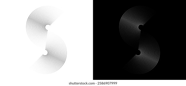 Modern abstract background. Halftone dots in circle form. Letter S like logo, icon or design element. Black dots on a white background and white dots on the black side.