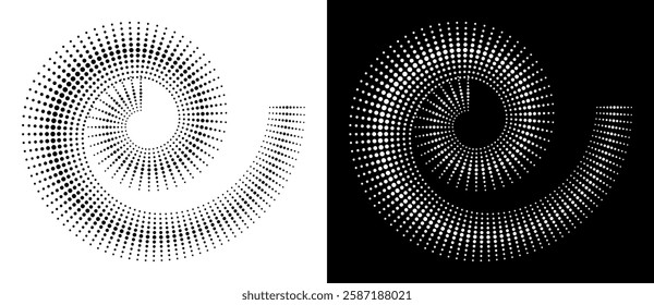 Modern abstract background. Halftone dots in spiral. Round logo. Vector dotted frame. Design element or icon. Black shape on a white background and the same white shape on the black side.