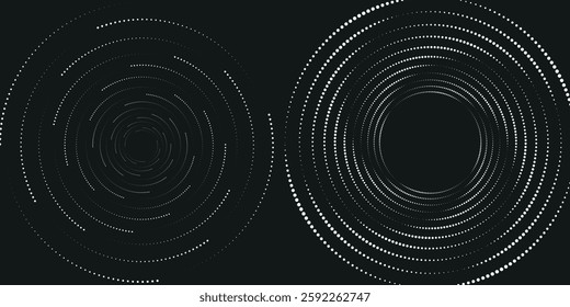 Modern abstract background. Halftone dots in circle form. Spiral logo, icon or design element. Black dots on a white background and white dots on the black side