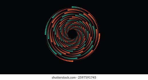 Modern abstract background. Halftone dots in circle form. Spiral logo, icon or design element. Black dots on a white background and white dots on the black side.