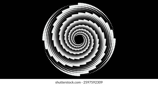 Modern abstract background. Halftone dots in circle form. Spiral logo, icon or design element. Black dots on a white background and white dots on the black side.